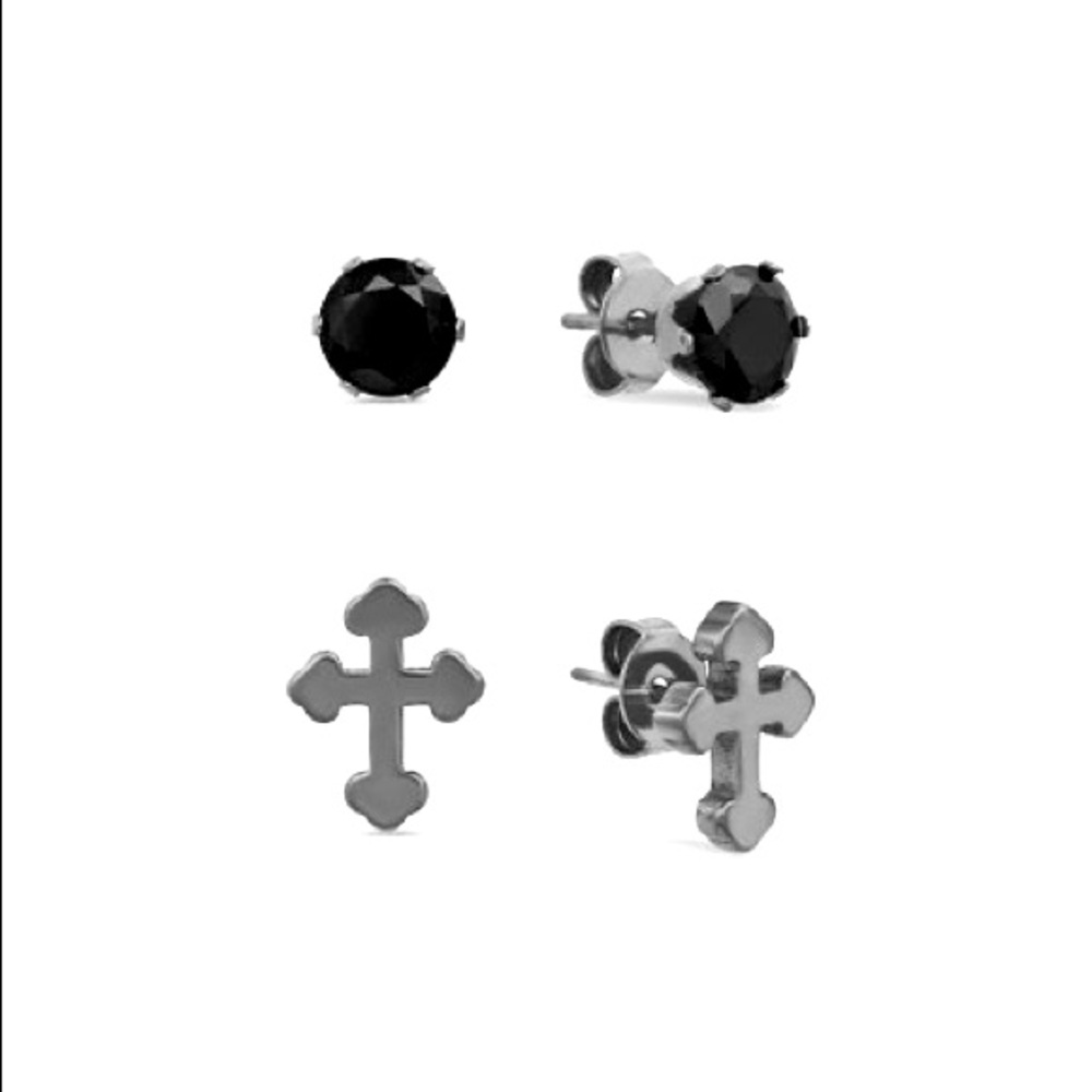 STEEL TIME Black Simulated Diamond Cross Stud 2 Piece Earring Set NWT